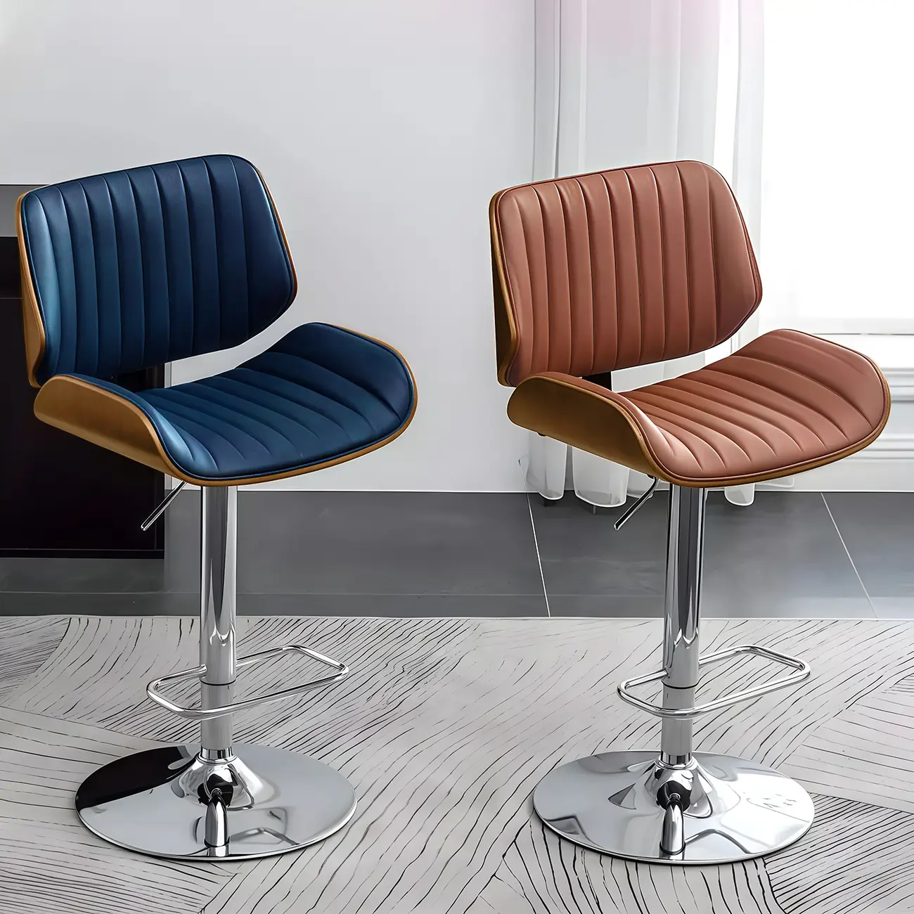 Elegant Wood Leather Red Swivel Adjustable Bar Stool Image - 6 | homeyfad