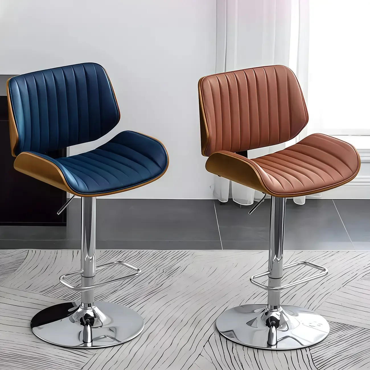 Elegant Wood Leather Red Swivel Adjustable Bar Stool Image - 6