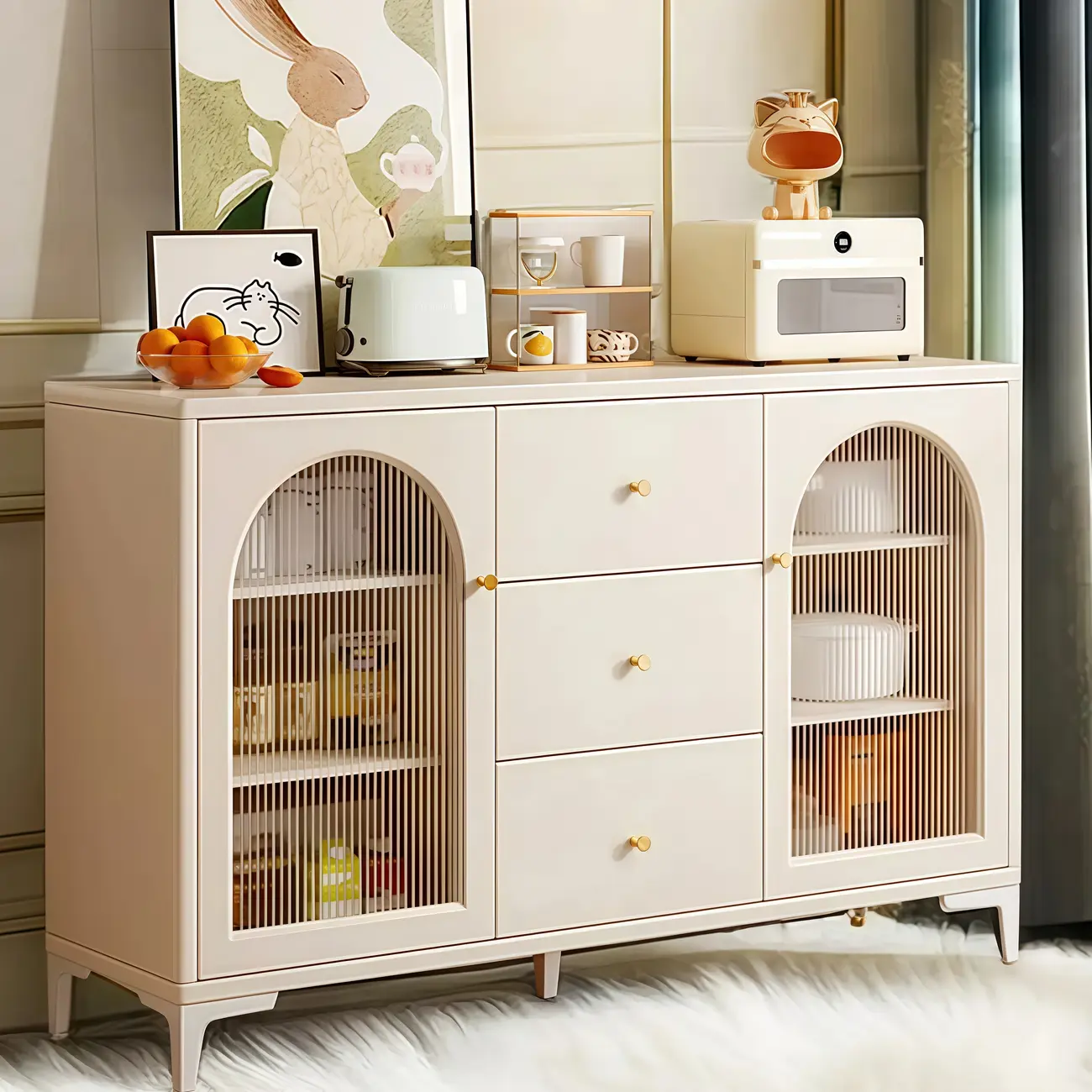 Scandinavian Cream Wood 2-Door Sideboard with Drawers Image - 9 | homeyfad