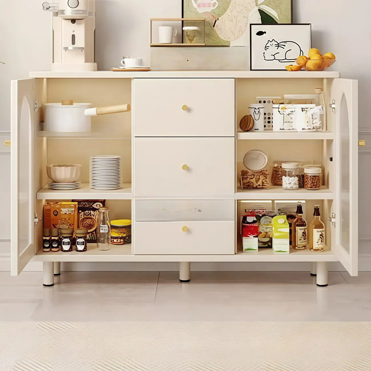 Scandinavian Cream Wood 2-Door Sideboard with Drawers Image - 2 | homeyfad