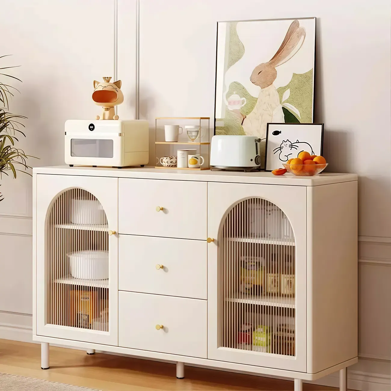 Scandinavian Cream Wood 2-Door Sideboard with Drawers Image - 1