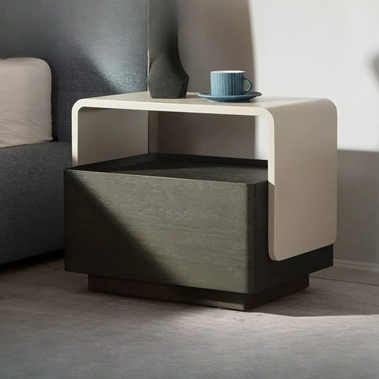 Rectangular Black Wood Open Drawer Storage Nightstand Image - 1