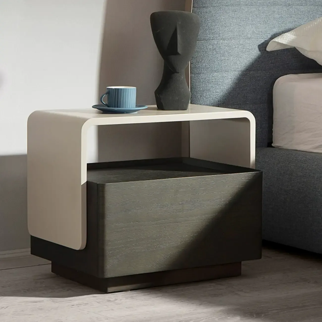 Rectangular Black Wood Open Drawer Storage Nightstand Image - 2