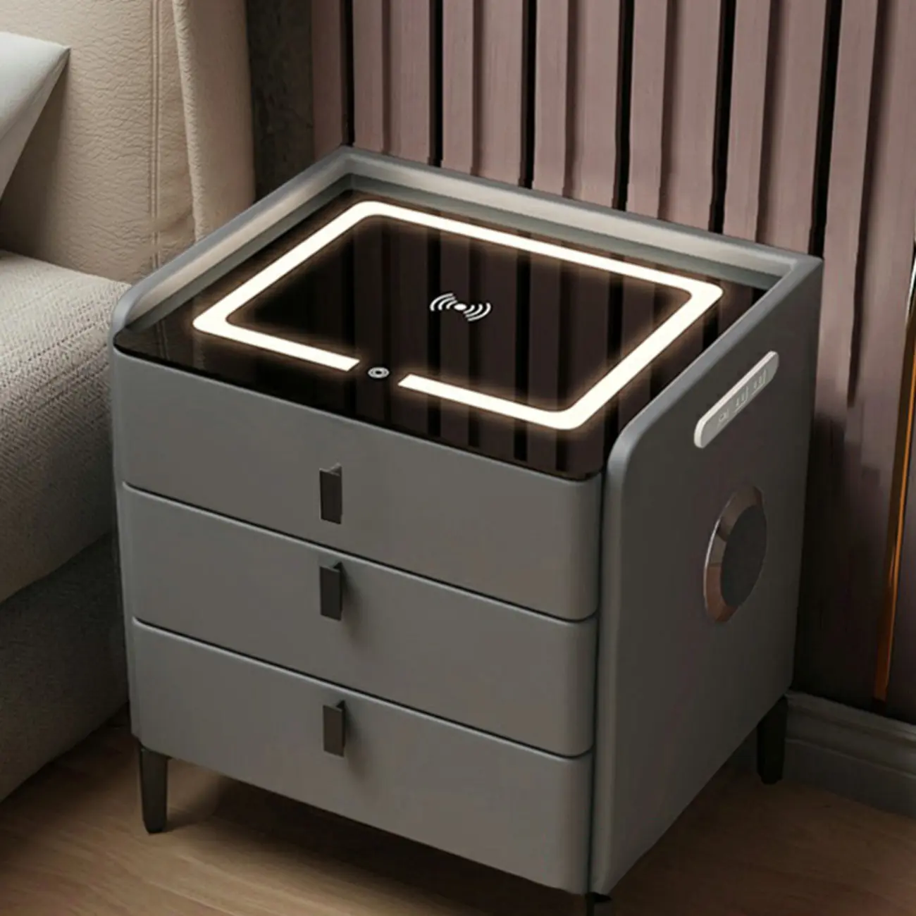 Narrow 3-Drawers Glass Top Wooden Nightstand with Light Image - 1 | homeyfad