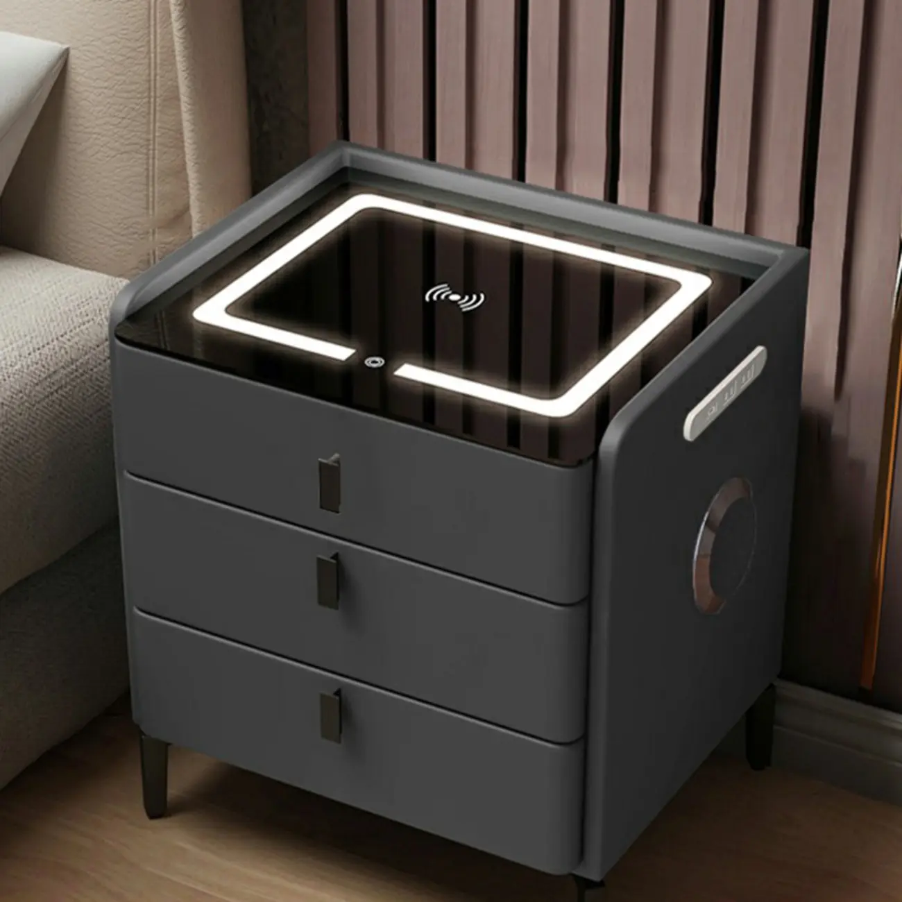 Narrow 3-Drawers Glass Top Wooden Nightstand with Light Image - 2 | homeyfad