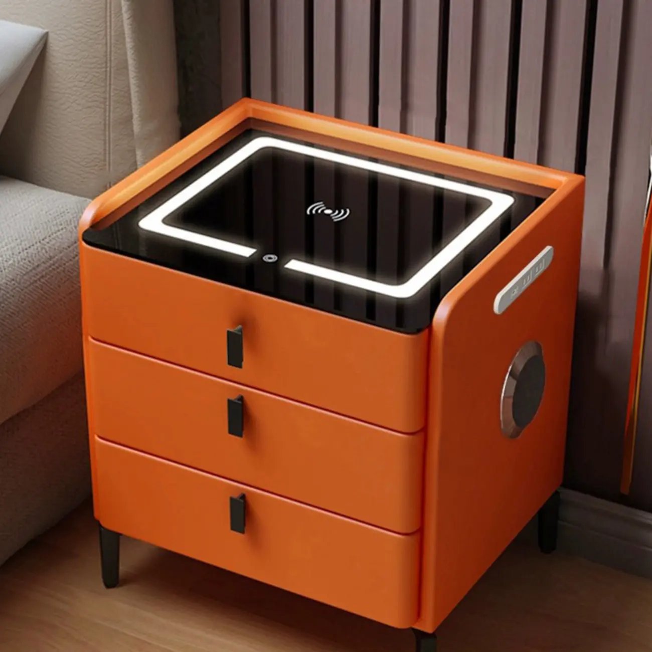 Narrow 3-Drawers Glass Top Wooden Nightstand with Light Image - 3 | homeyfad