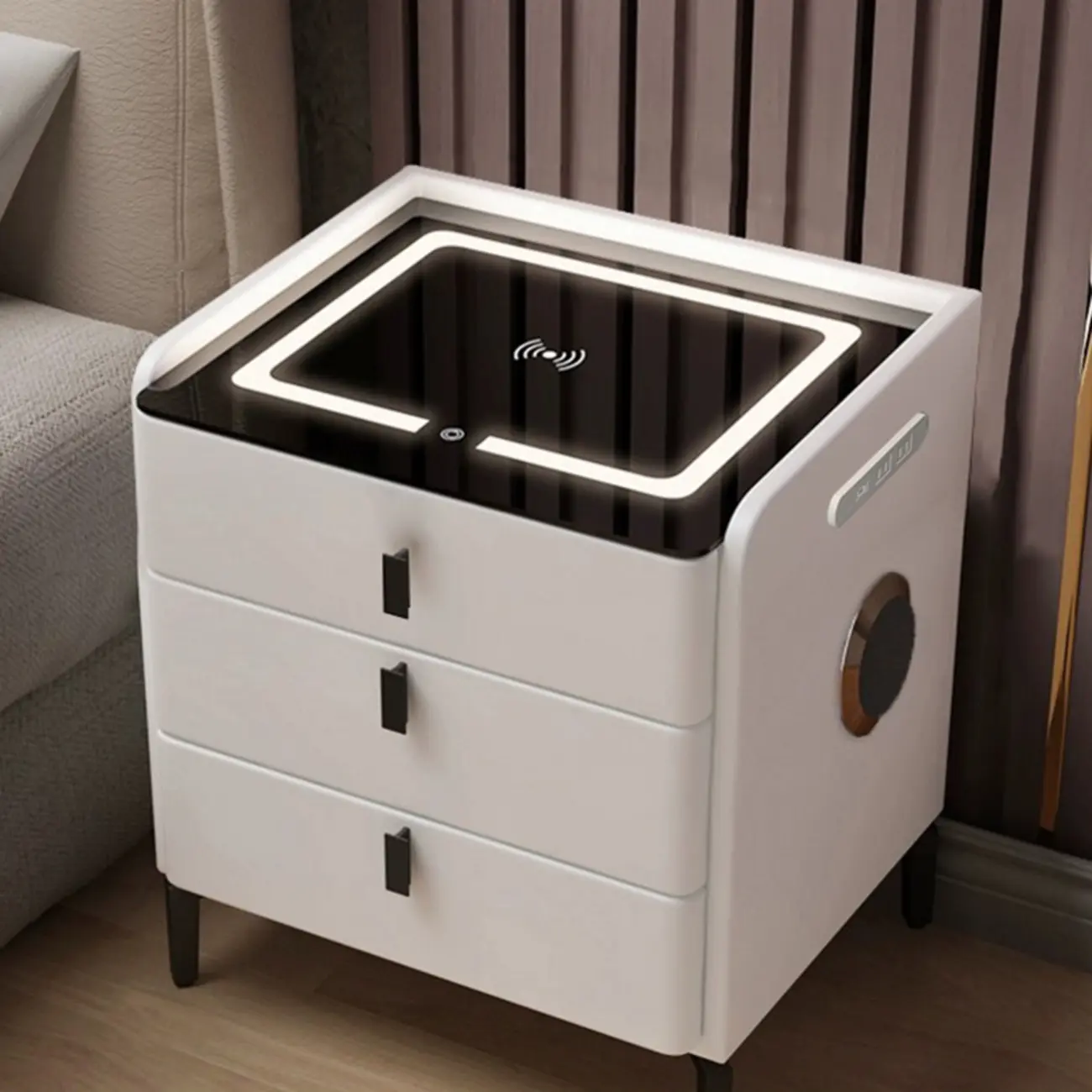 Narrow 3-Drawers Glass Top Wooden Nightstand with Light Image - 4 | homeyfad