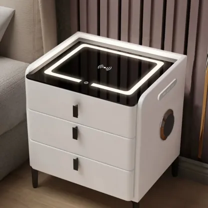 Narrow 3-Drawers Glass Top Wooden Nightstand with Light Image - 4