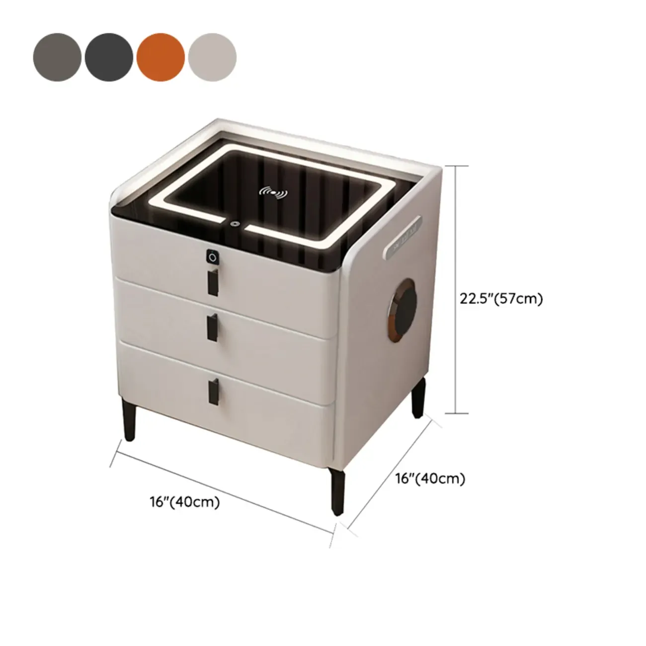 Narrow 3-Drawers Glass Top Wooden Nightstand with Light #size