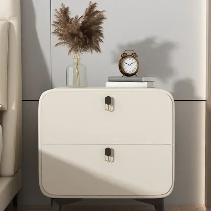 Scandinavian Leather 2 Drawers Wood Nightstand Image - 1