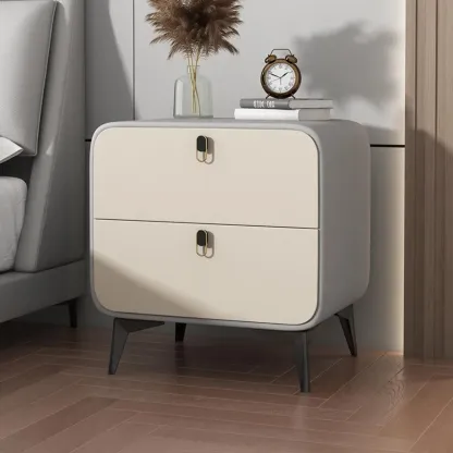 Scandinavian Leather 2 Drawers Wood Nightstand Image - 2
