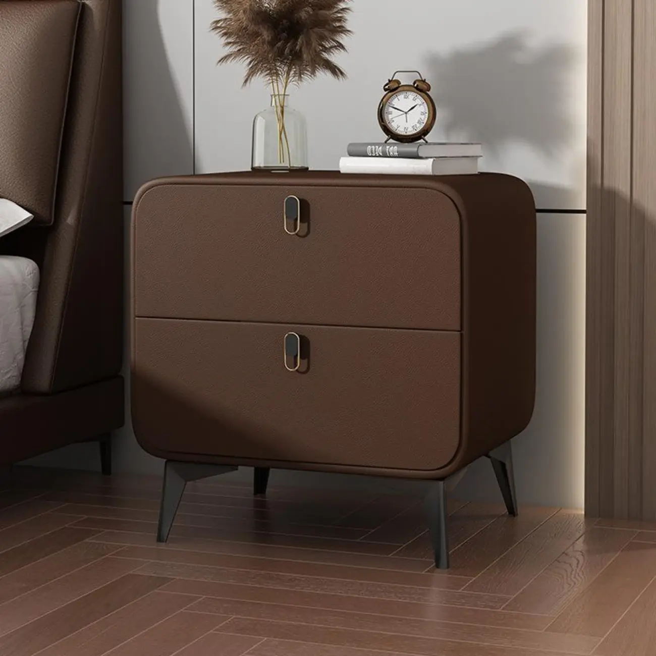 Scandinavian Leather 2 Drawers Wood Nightstand Image - 3 | homeyfad