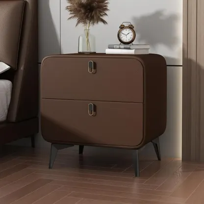 Scandinavian Leather 2 Drawers Wood Nightstand Image - 3