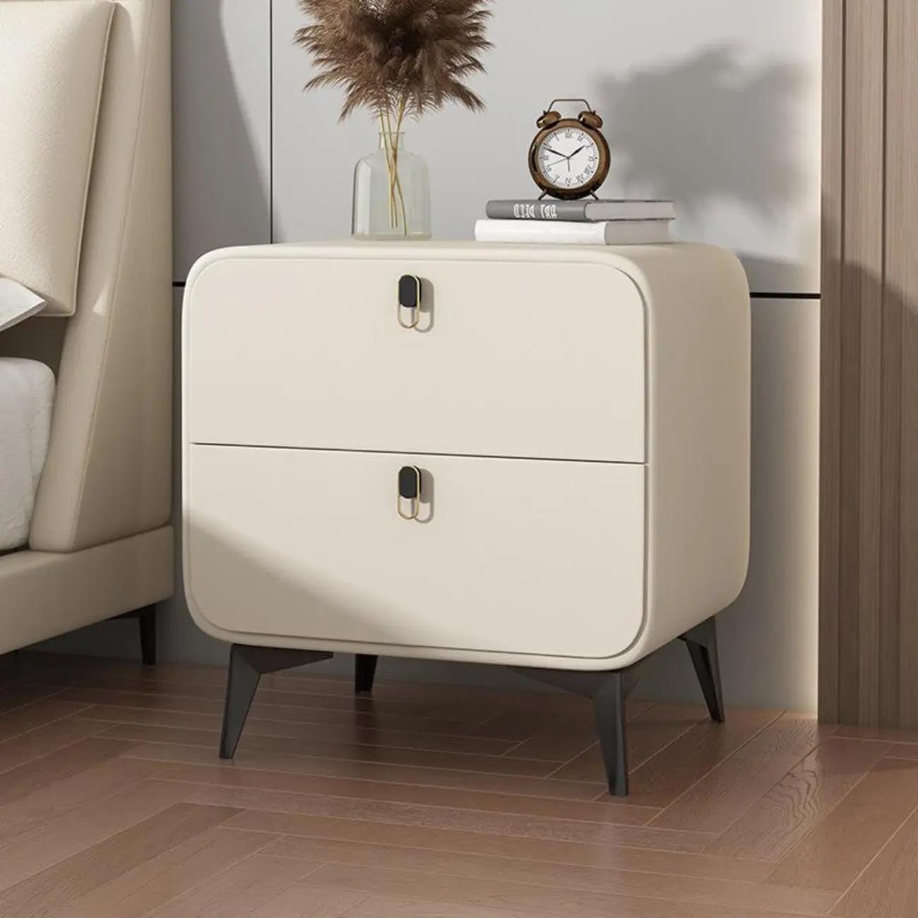 Scandinavian Leather 2 Drawers Wood Nightstand Image - 4 | homeyfad