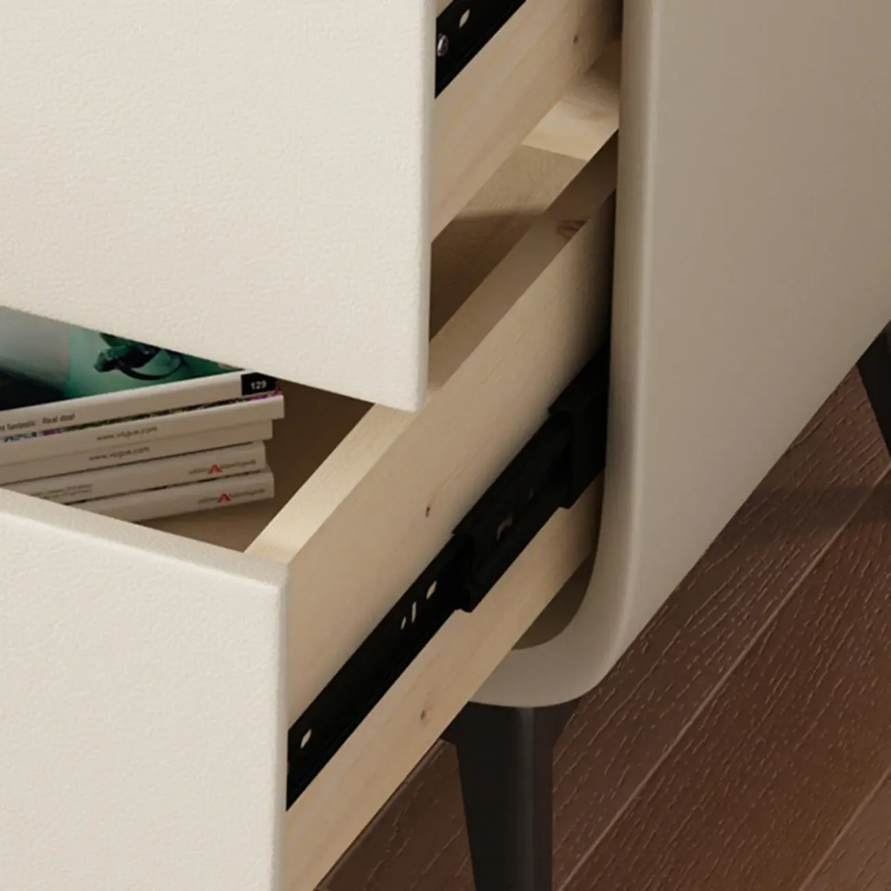 Scandinavian Leather 2 Drawers Wood Nightstand Image - 7