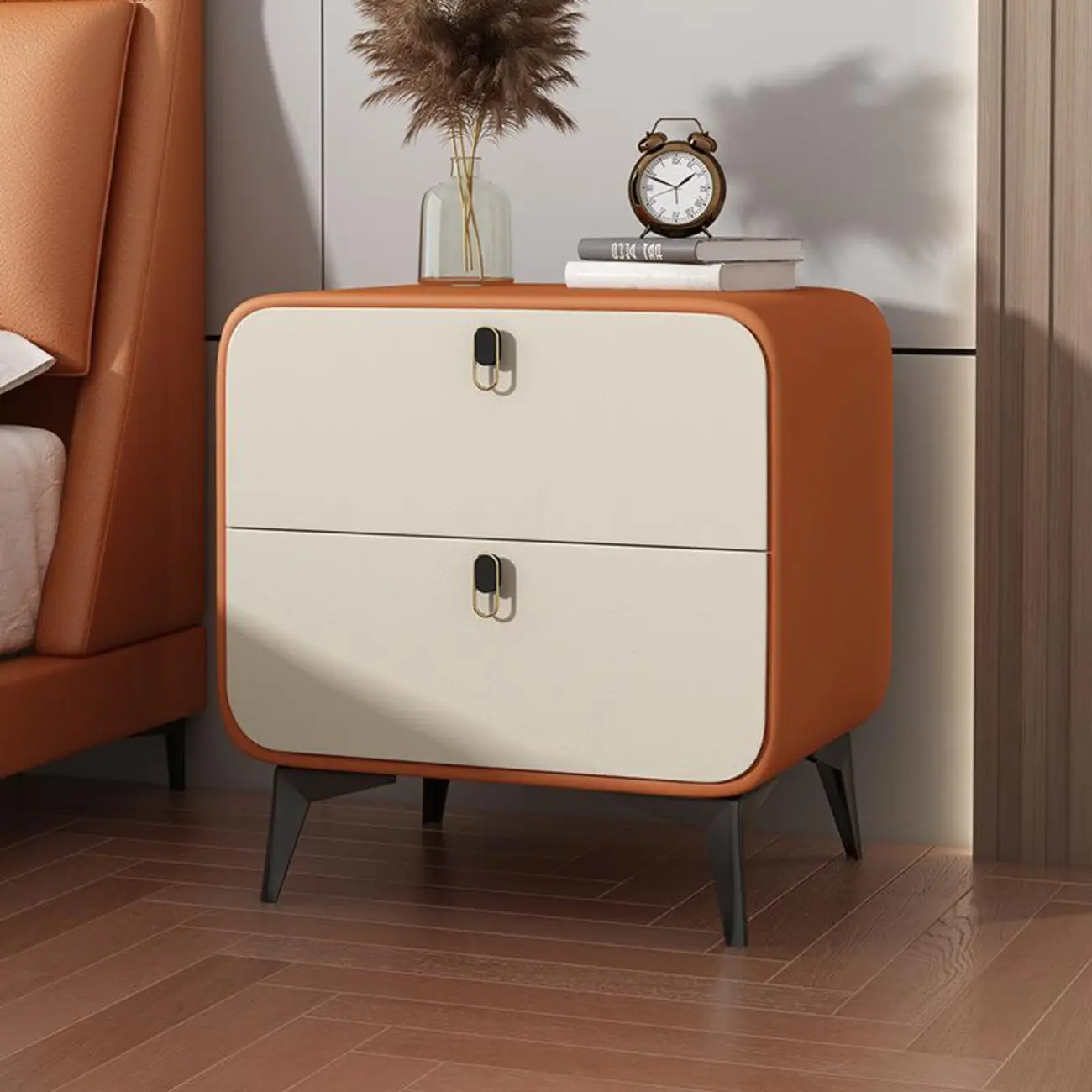 Scandinavian Leather 2 Drawers Wood Nightstand Image - 9 | homeyfad