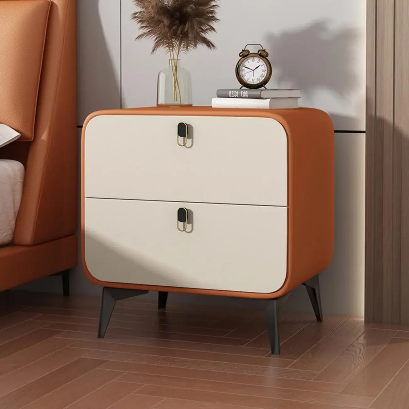 Scandinavian Leather 2 Drawers Wood Nightstand Image - 9