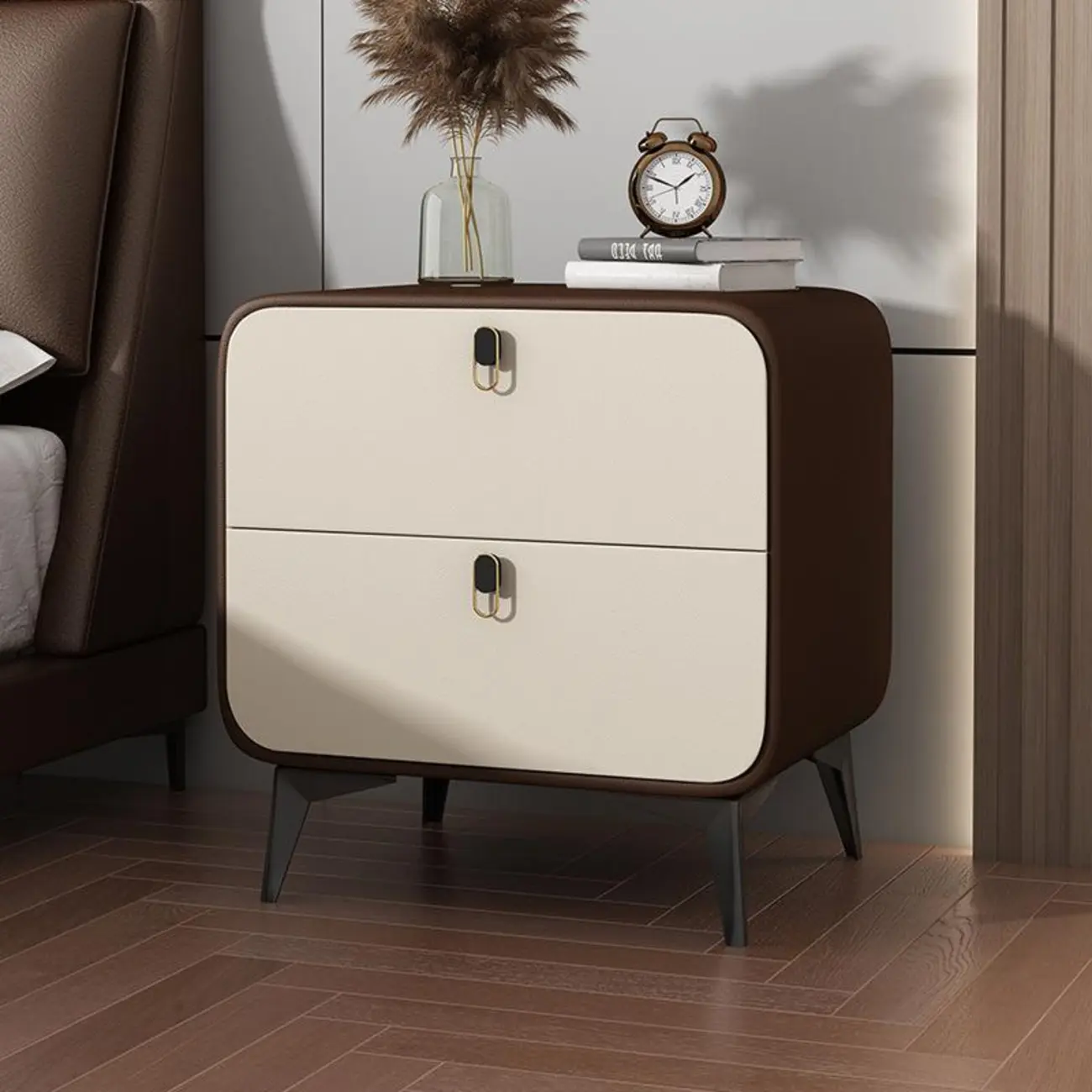 Scandinavian Leather 2 Drawers Wood Nightstand Image - 10 | homeyfad