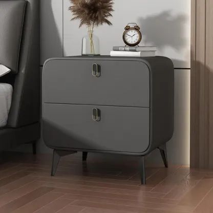 Scandinavian Leather 2 Drawers Wood Nightstand Image - 11