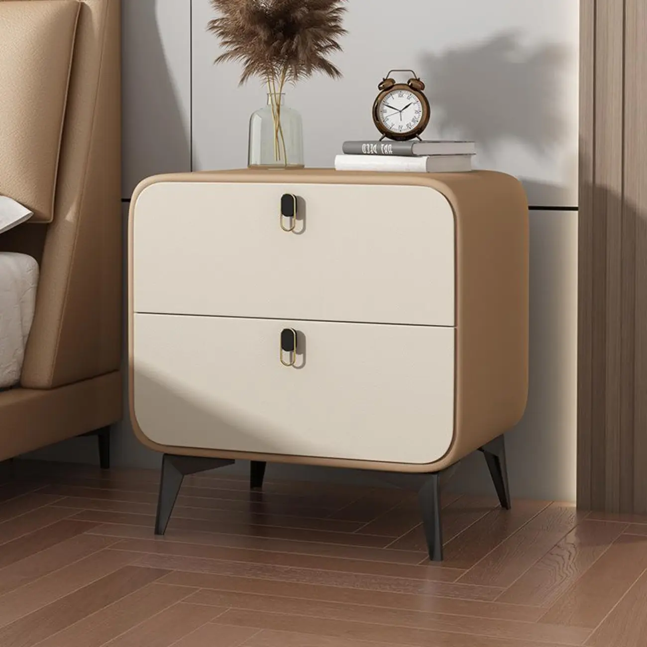 Scandinavian Leather 2 Drawers Wood Nightstand Image - 12 | homeyfad