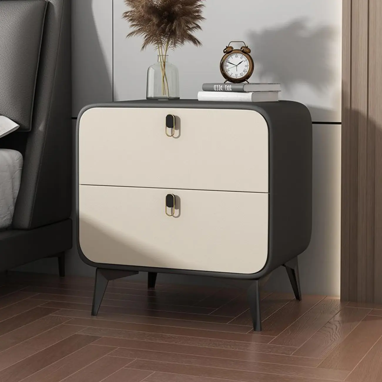 Scandinavian Leather 2 Drawers Wood Nightstand Image - 13 | homeyfad