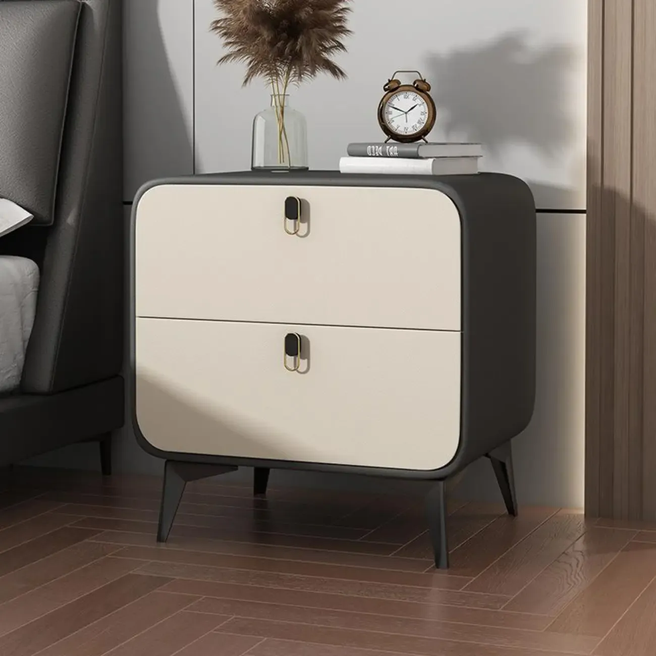 Scandinavian Leather 2 Drawers Wood Nightstand Image - 13