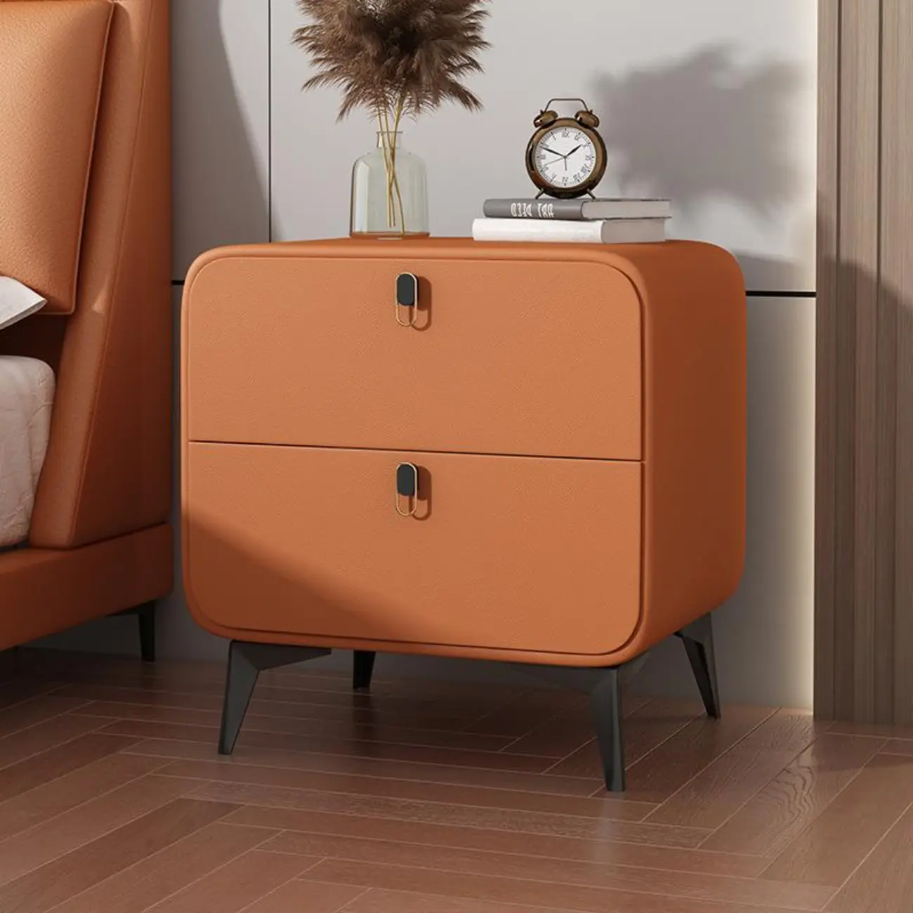 Scandinavian Leather 2 Drawers Wood Nightstand Image - 15 | homeyfad