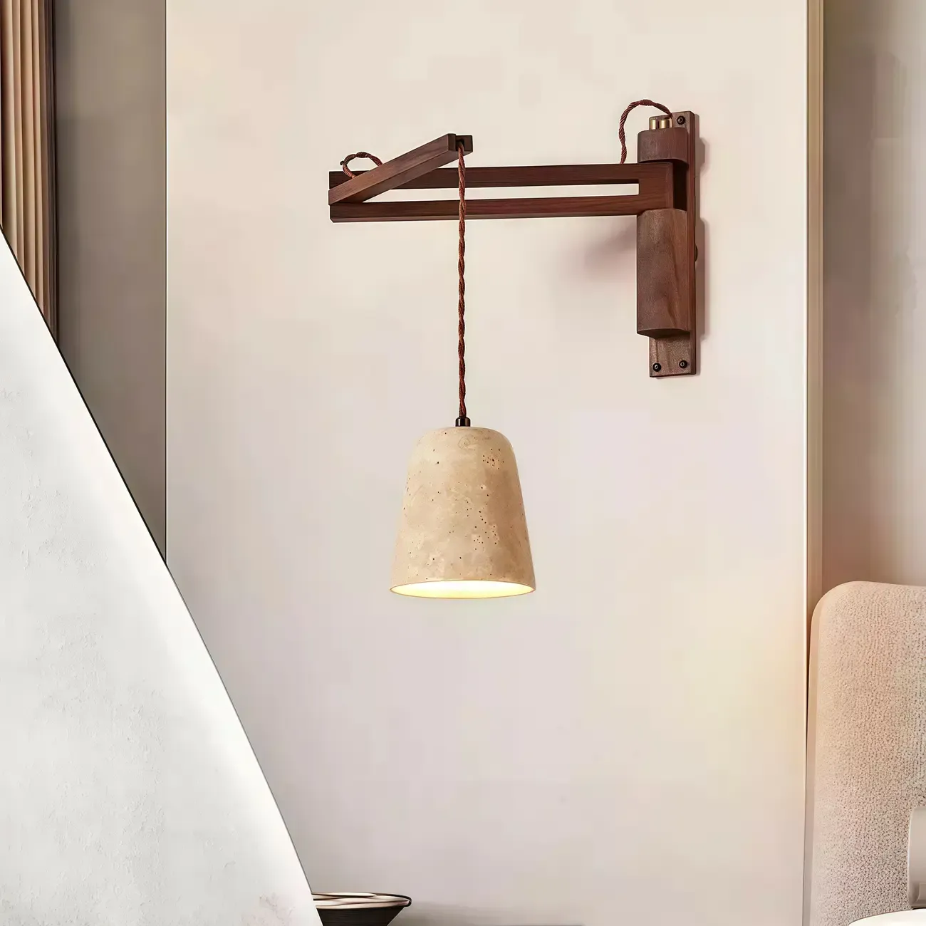 Rustic Stone Shade Adjustable Wooden Swing Arm Wall Light Image - 7
