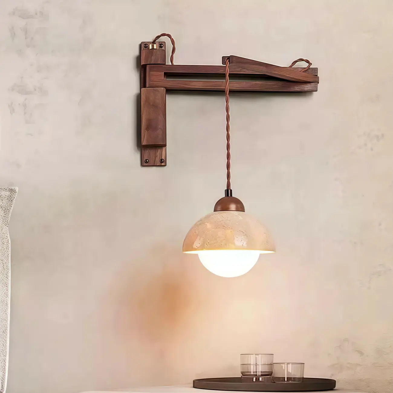 Rustic Stone Shade Adjustable Wooden Swing Arm Wall Light Image - 2 | homeyfad