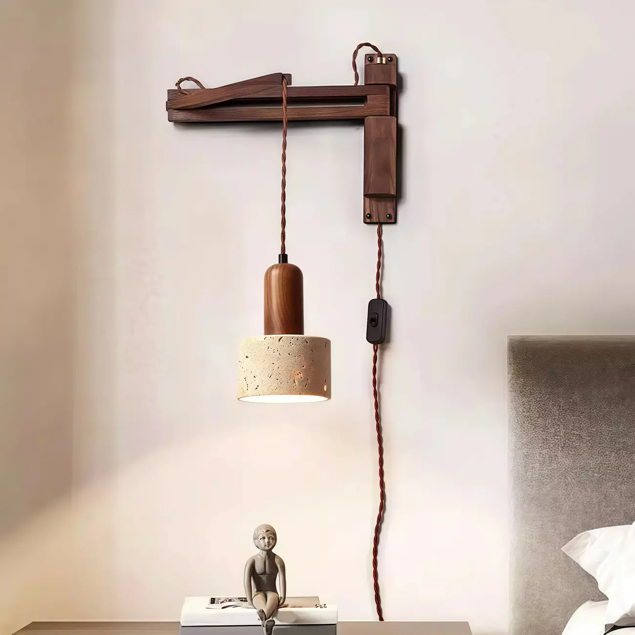 Rustic Stone Shade Adjustable Wooden Swing Arm Wall Light Image - 1 | homeyfad