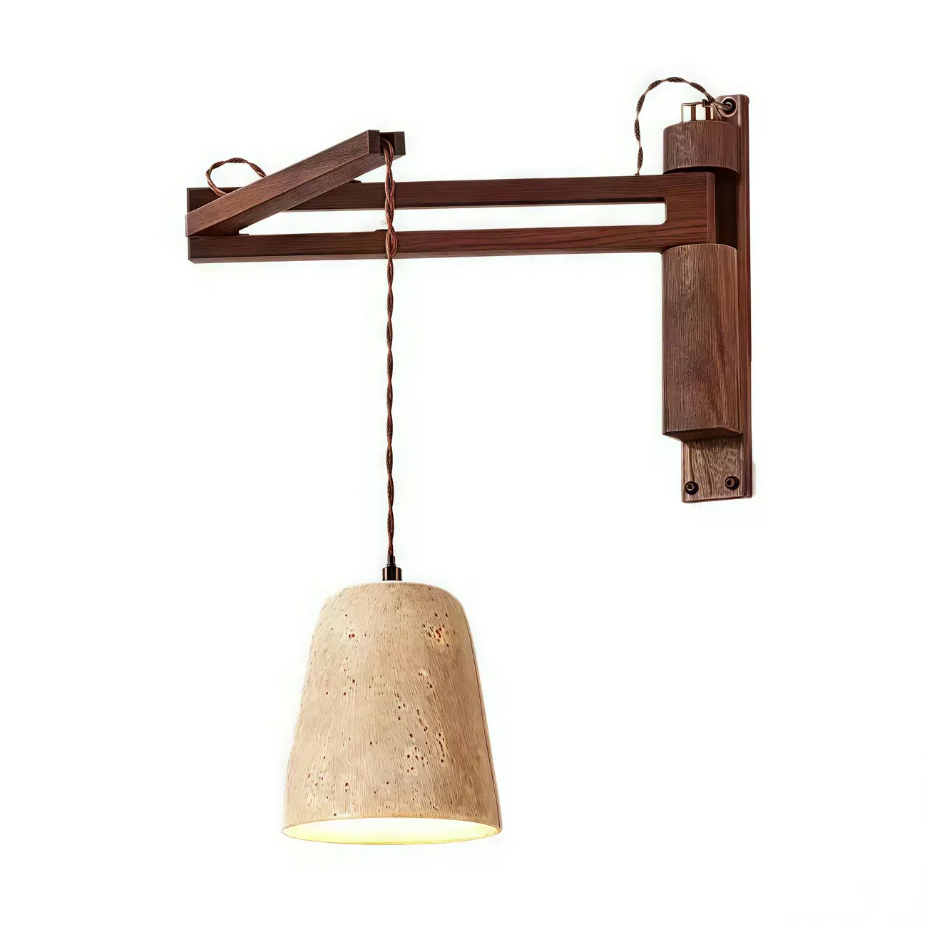 Rustic Stone Shade Adjustable Wooden Swing Arm Wall Light Image - 9