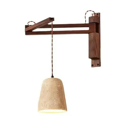 Rustic Stone Shade Adjustable Wooden Swing Arm Wall Light Image - 9