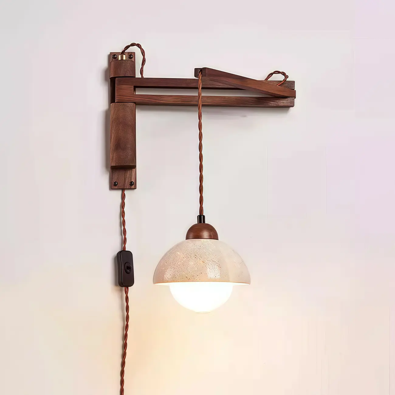 Rustic Stone Shade Adjustable Wooden Swing Arm Wall Light Image - 5 | homeyfad