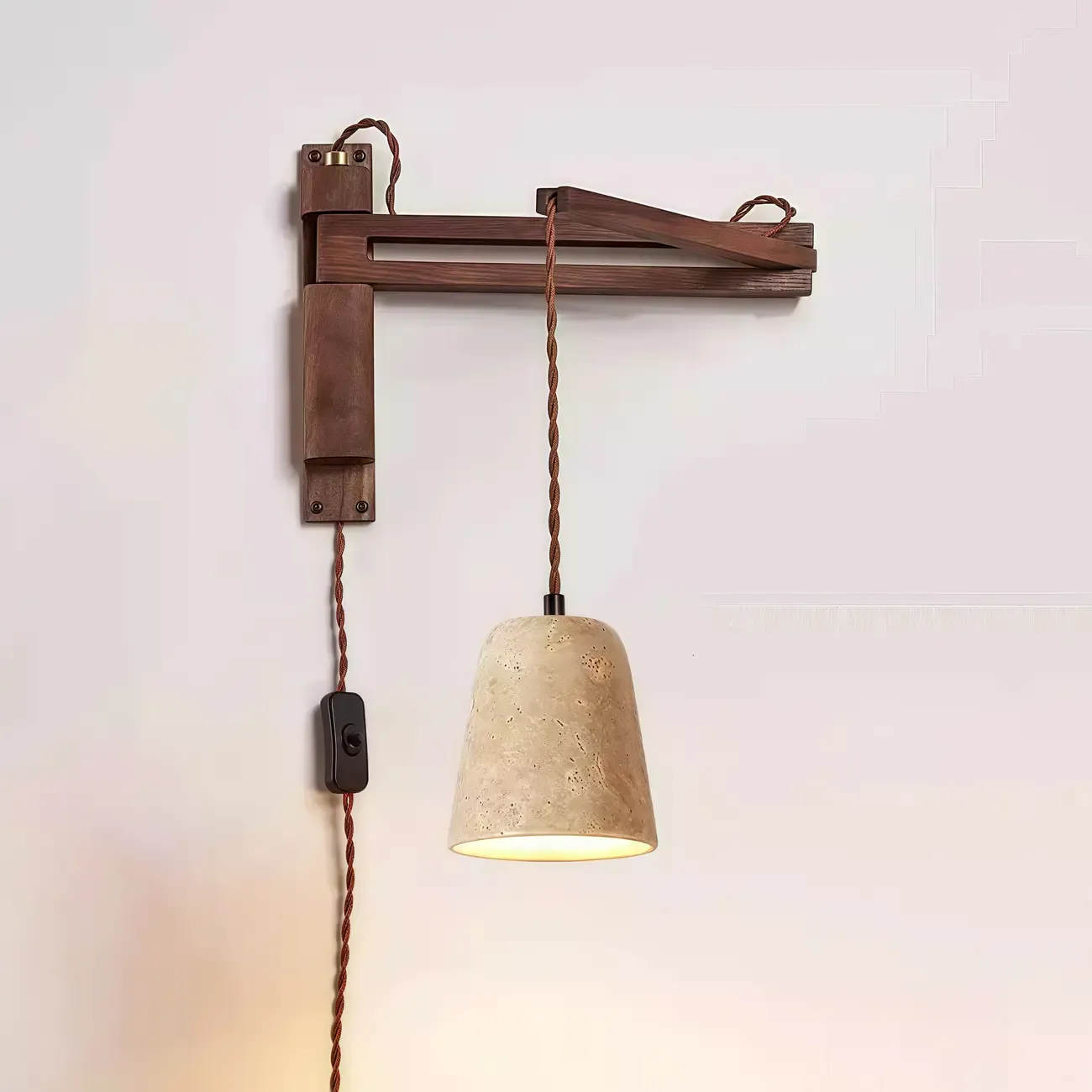 Rustic Stone Shade Adjustable Wooden Swing Arm Wall Light Image - 4