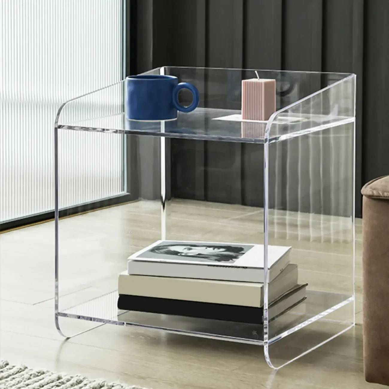 Bedroom Tan Acrylic Open Storage Small Nightstand Image - 10