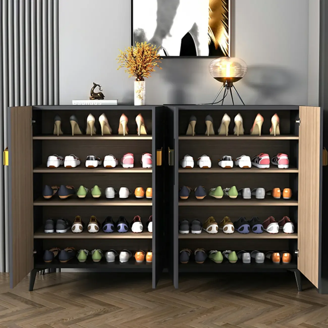 Luxury Grey Wooden Shoe Cabinet for Entryway Image - 2