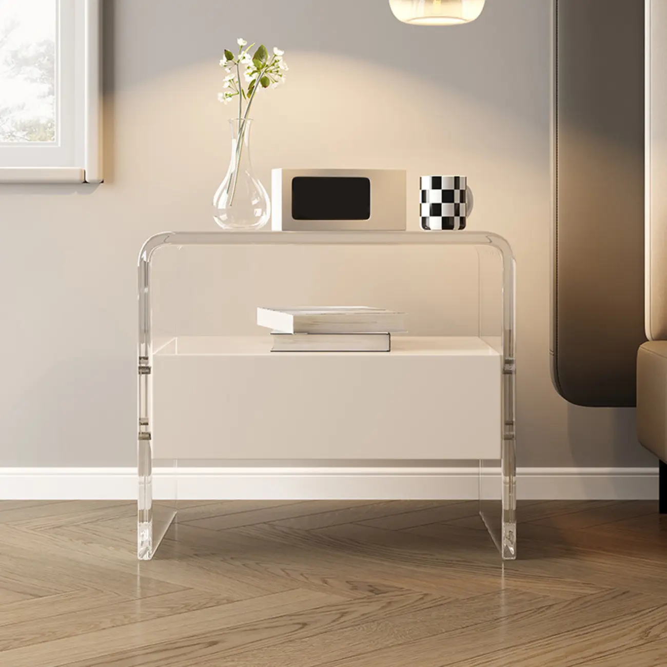 Clear White Acrylic Frame Drawer Storage Nightstand Image - 1 | homeyfad