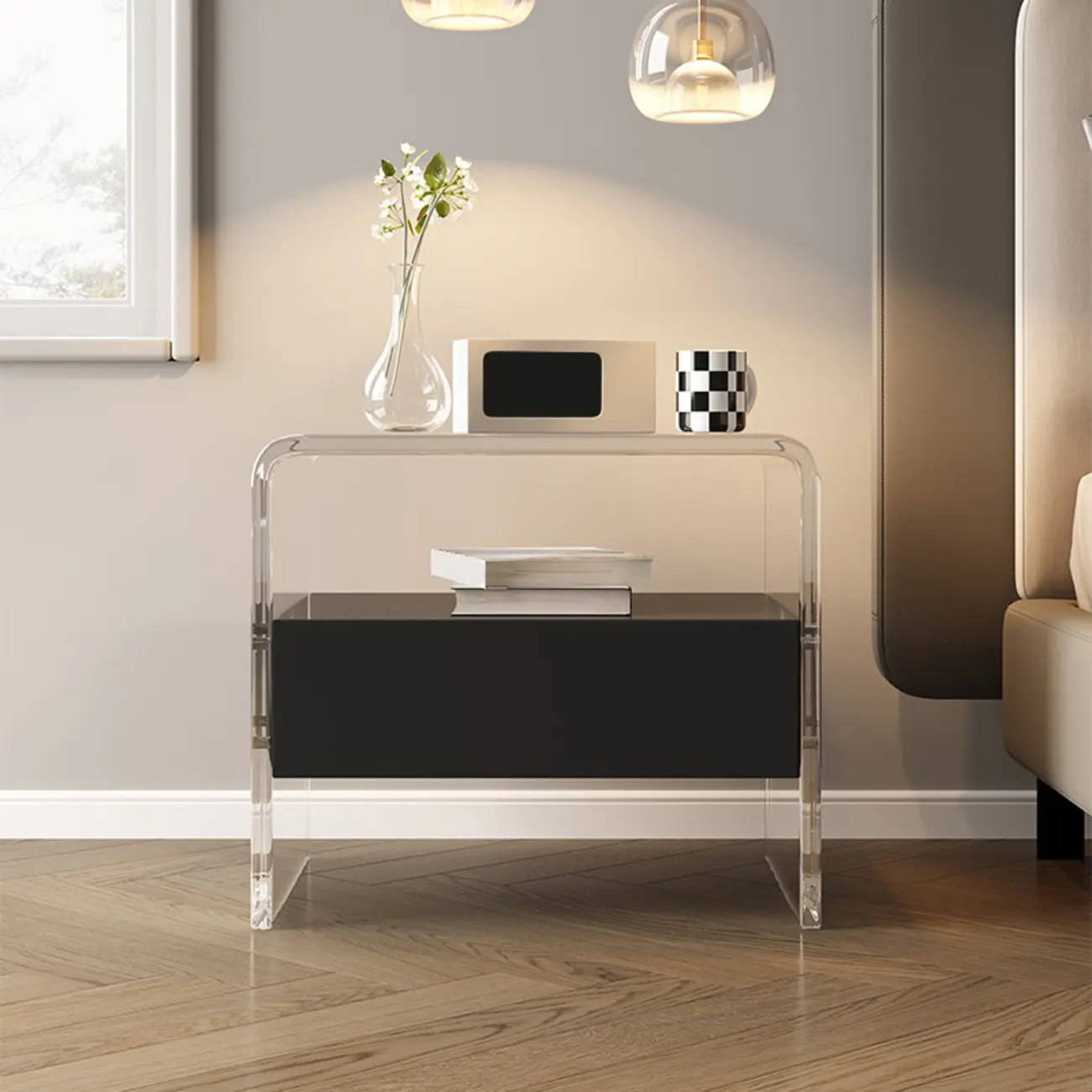 Clear White Acrylic Frame Drawer Storage Nightstand Image - 2 | homeyfad