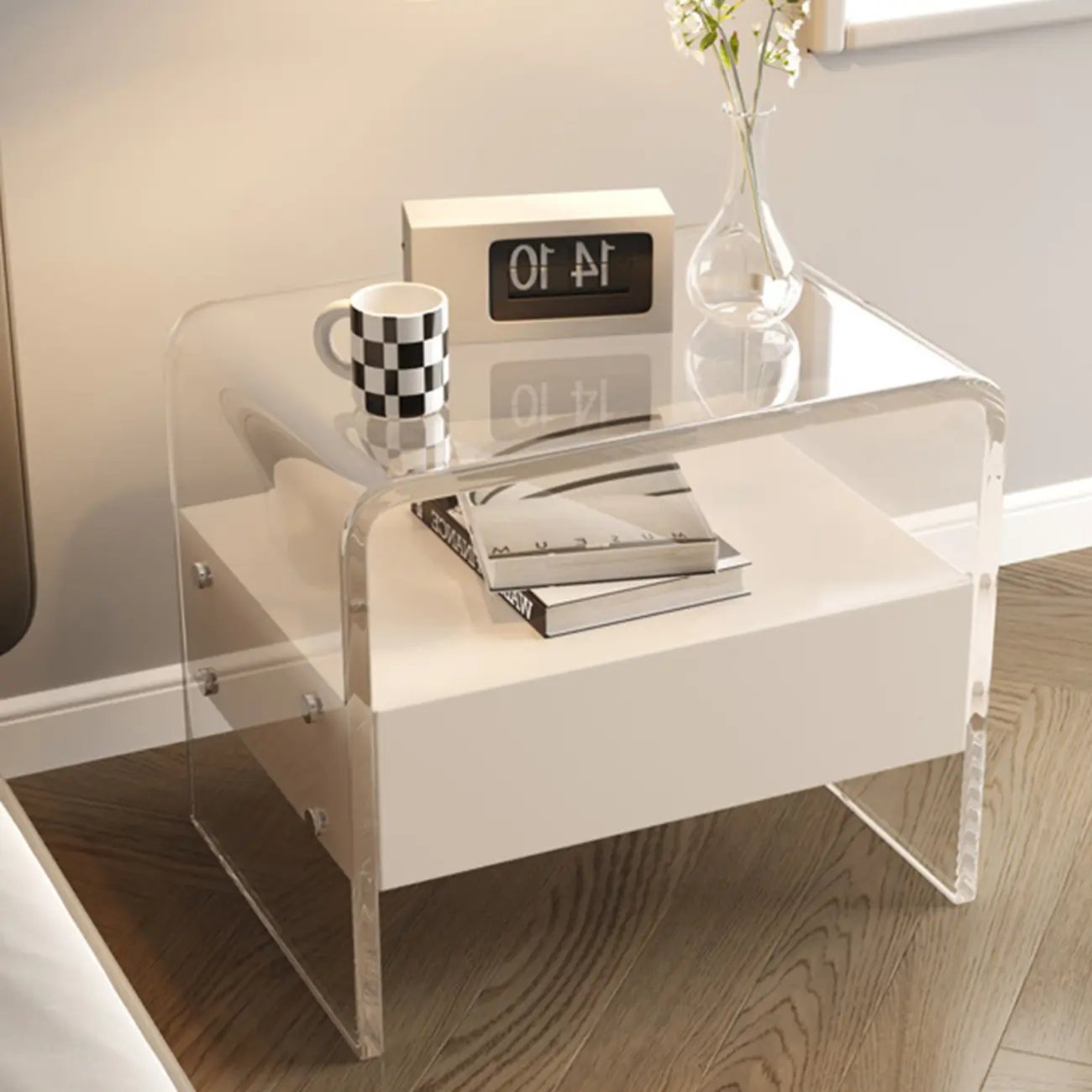 Clear White Acrylic Frame Drawer Storage Nightstand Image - 8 | homeyfad