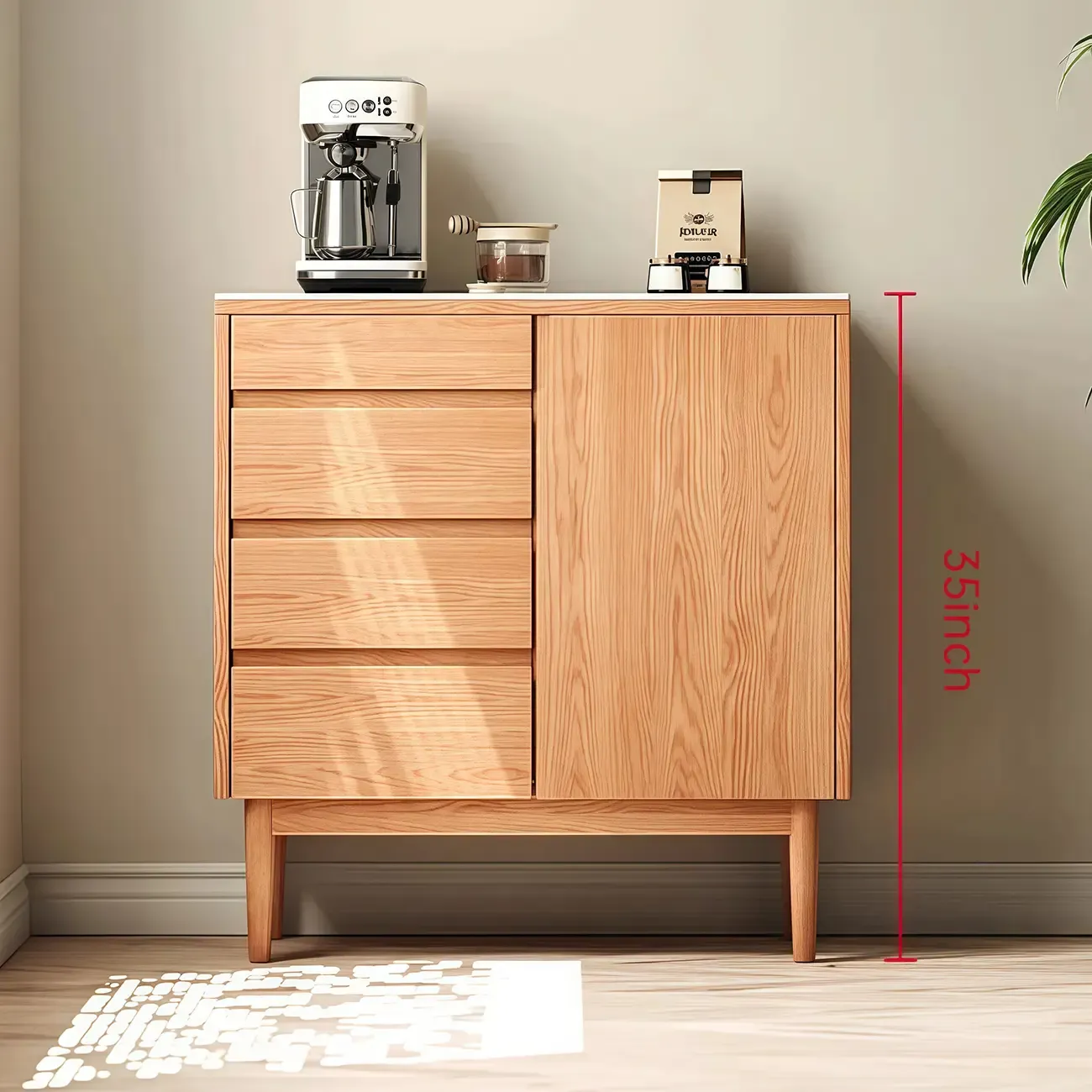 Stone-Top 4-Drawer Wooden Sideboard Cabinet in Natural Finish Image - 7