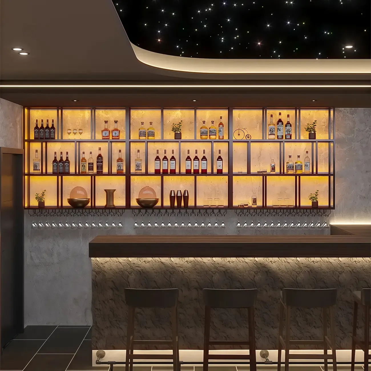 Rectangular Metal Wine Rack Wall Mounted Lighting Included Image - 3