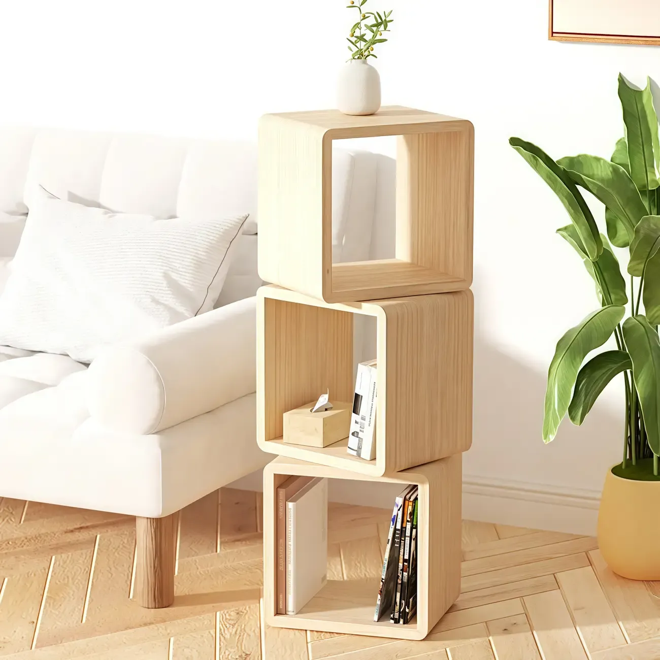 Modern Wooden Natural Open Back Cube Bookcase Image - 2