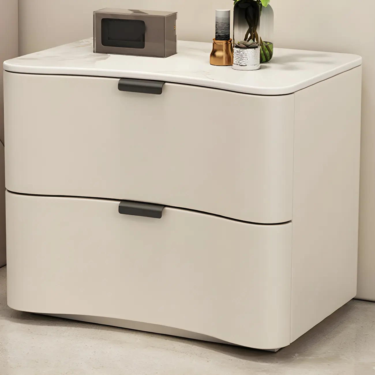 Modern Waved Stone Top Leather 2-Drawer Nightstand Image - 13 | homeyfad