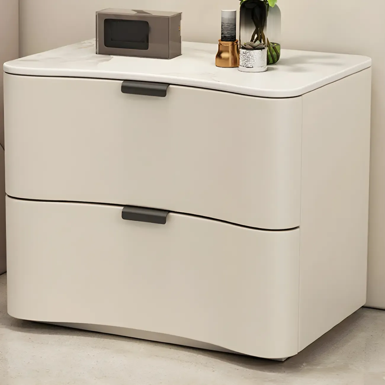Modern Waved Stone Top Leather 2-Drawer Nightstand Image - 13