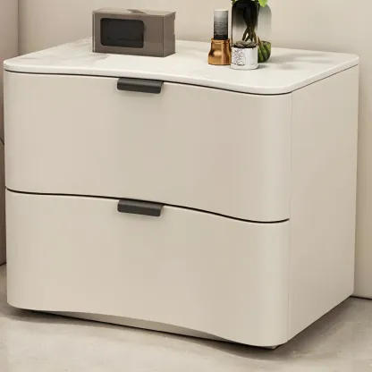 Modern Waved Stone Top Leather 2-Drawer Nightstand Image - 13