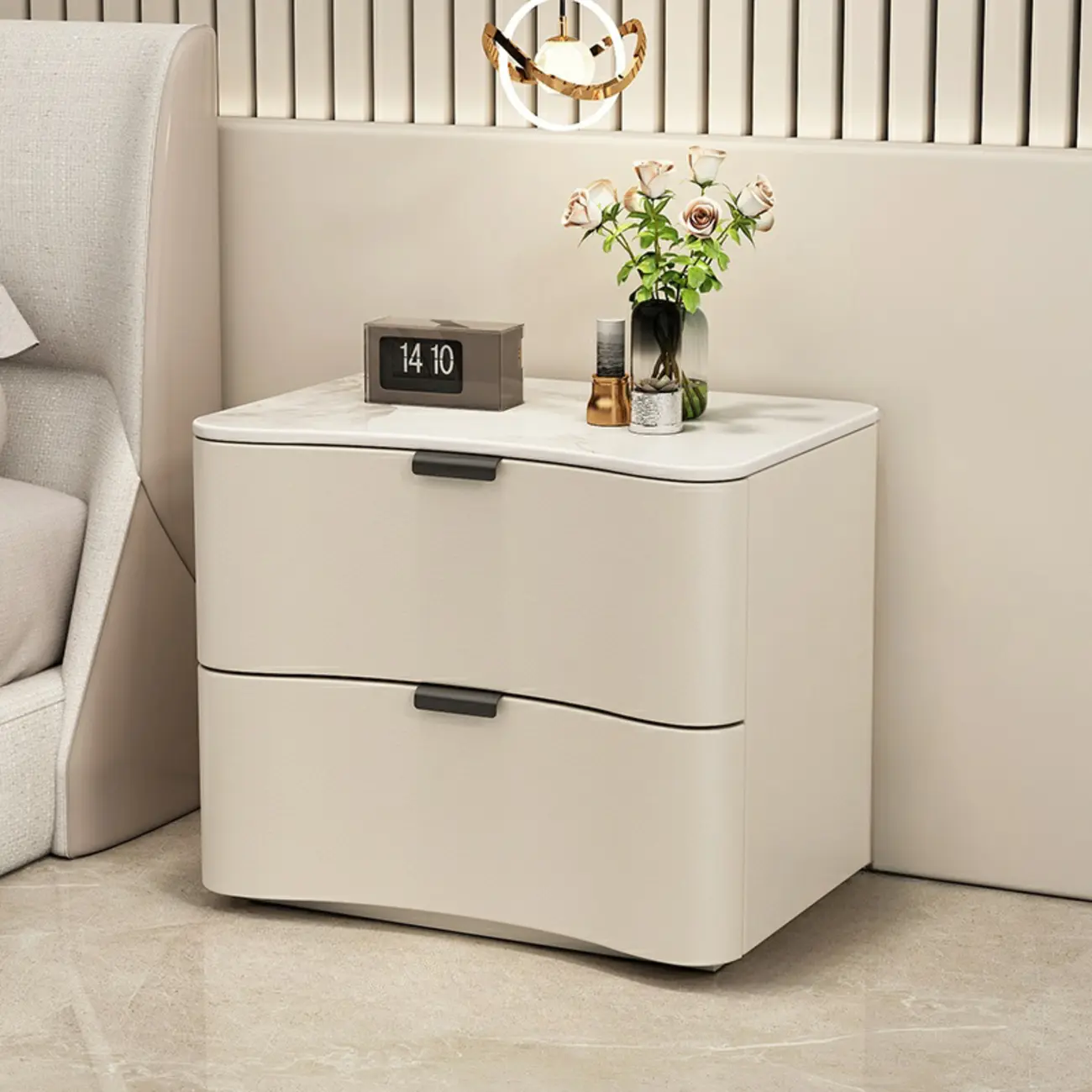 Modern Waved Stone Top Leather 2-Drawer Nightstand Image - 4 | homeyfad