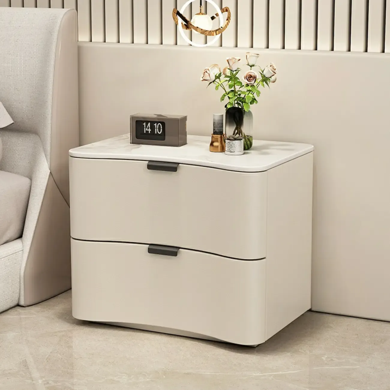 Modern Waved Stone Top Leather 2-Drawer Nightstand Image - 4
