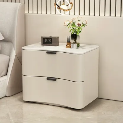 Modern Waved Stone Top Leather 2-Drawer Nightstand Image - 4