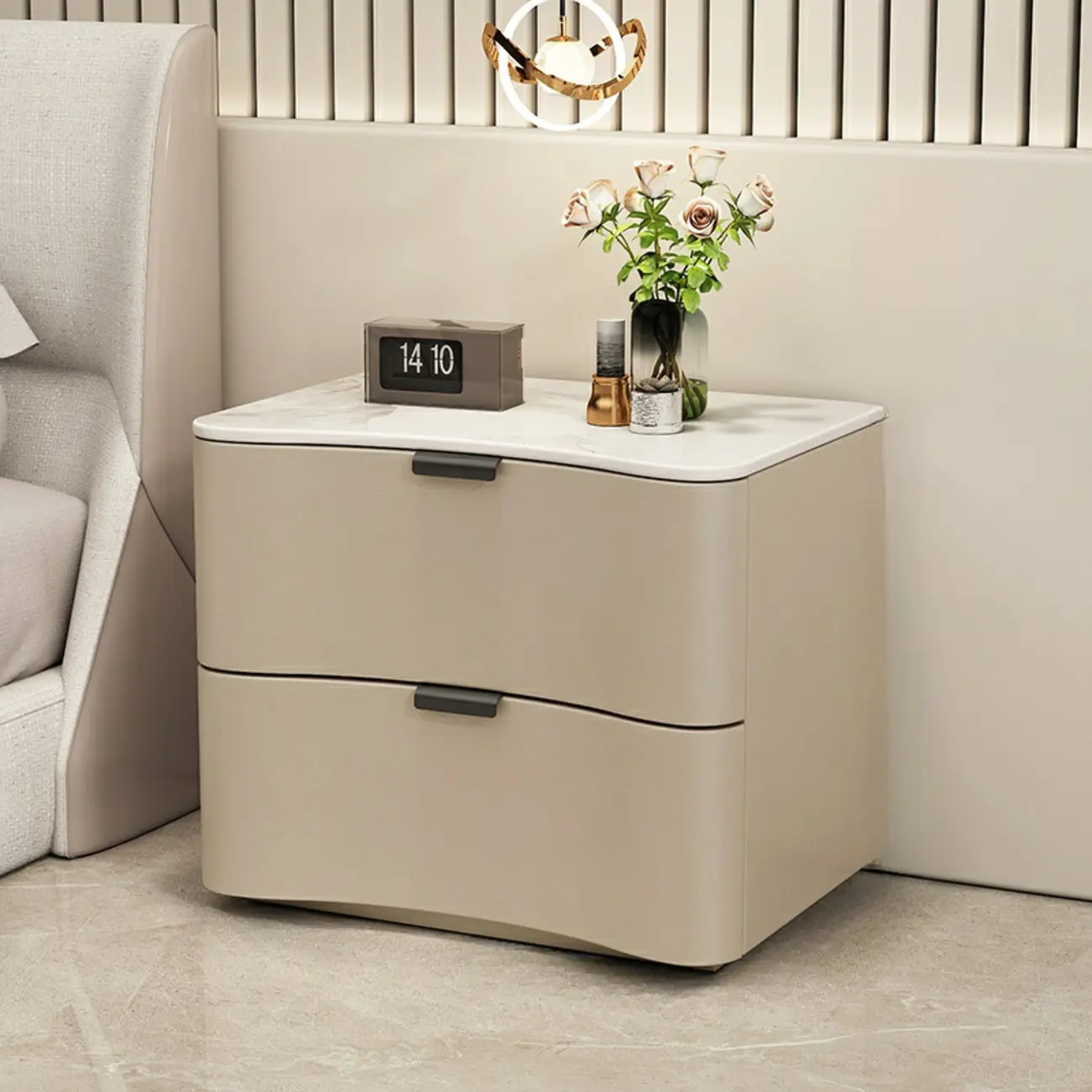 Modern Waved Stone Top Leather 2-Drawer Nightstand Image - 3 | homeyfad