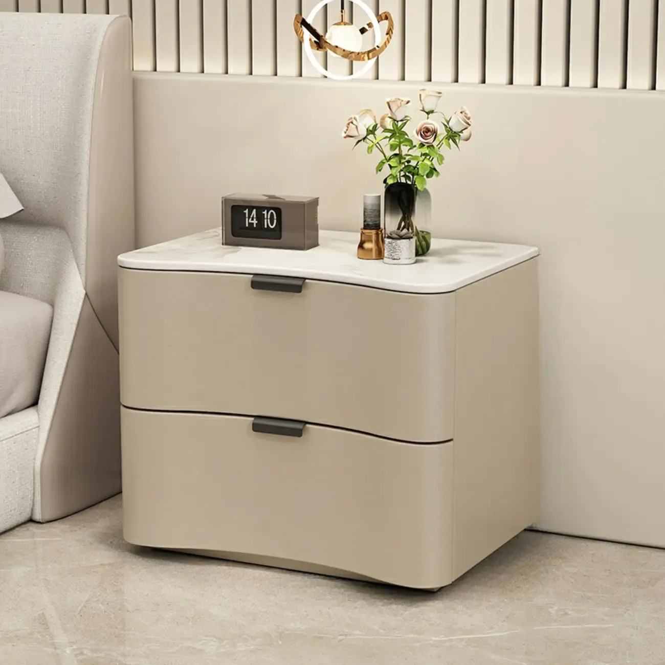 Modern Waved Stone Top Leather 2-Drawer Nightstand Image - 3
